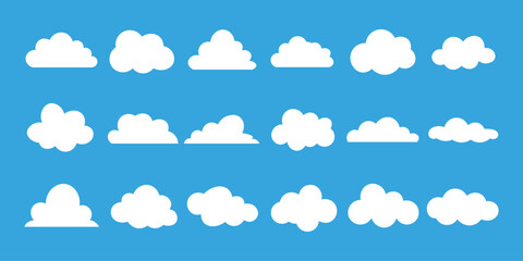 Cloud icon set vector on blue background. sky, weather, nature, blue, cartoon, shape, abstract, symbol, element, design, graphic, art, sign, symbol.