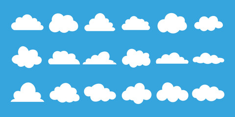 Cloud icon set vector on blue background. sky, weather, nature, blue, cartoon, shape, abstract, symbol, element, design, graphic, art, sign, symbol.