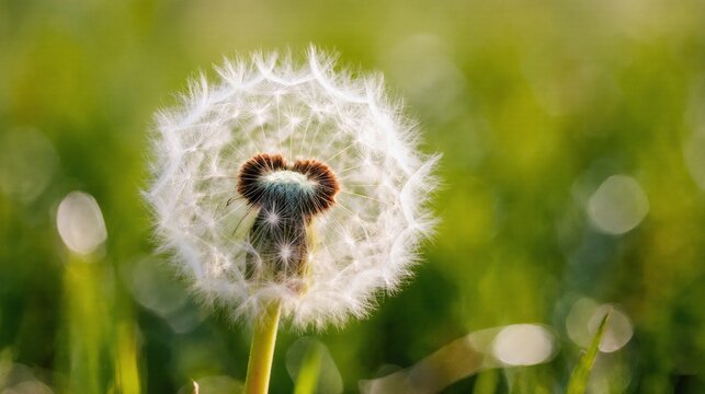 Delicate dandelion seed head in soft green grass with bokeh background
