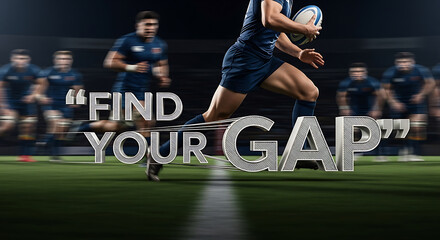 Energetic rugby player running with ball, find your gap concept, perfect for sports advertising, athletic training programs, and team building visuals that inspire action
