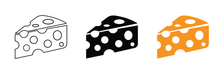 Cheese wedge icon set vector on white background. swiss, dairy, food, symbol, line, black, orange, hole, piece, graphic, clipart, design, element, symbol.