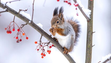 A red squirrel enjoys winter berries