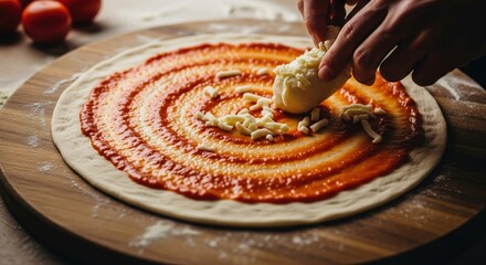 Pizza preparation, hands placing mozzarella onto a base of tomato sauce in concentric circles on a wooden board