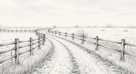 Fototapeta premium Pencil Sketch of Countryside Road with Fences