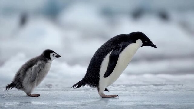 Penguin family bonding in frozen habitat 