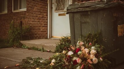 A fallen bouquet of flowers lies on the sidewalk beside a green dumpster outside a brick building.