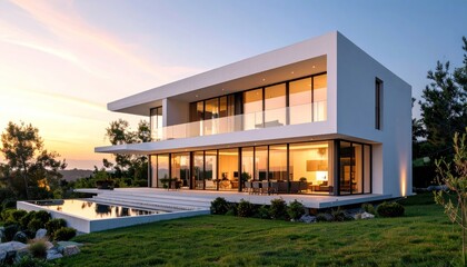 Modern Luxury Home Exterior with Pool at Sunset.