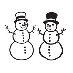Two black and white snowmen in a simple line art style isolated on white
