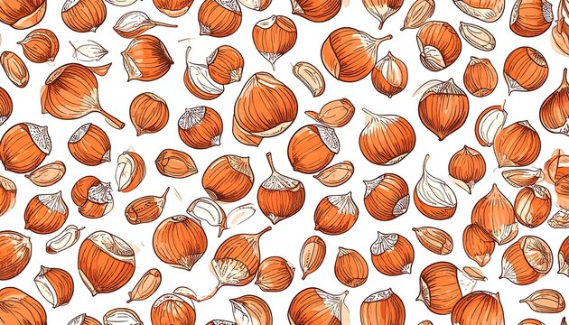 Hand-drawn hazelnuts pattern on white background
