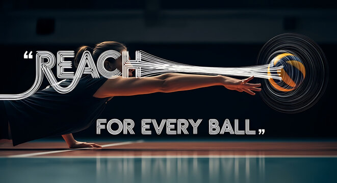 Dynamic volleyball player striving for victory with motivational quote on screen, perfect for sports advertising and inspiring athletic achievement with powerful design