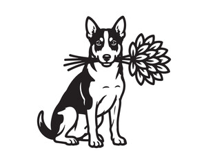 Dog with Flowers Whimsical Black and White Illustration