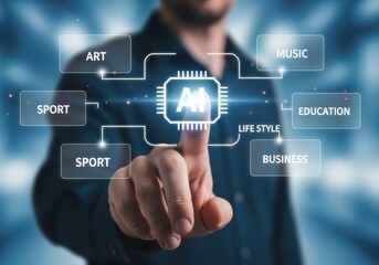 Man touching A I chip interface connecting to lifestyle categories artificial intelligence