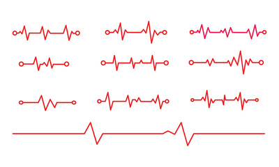 Heartbeat line icon set vector on white  background. pulse, line, health, medical, cardiology, rhythm, wave, signal, monitor, ecg, ekg, diagnostic, medicine, symbol.