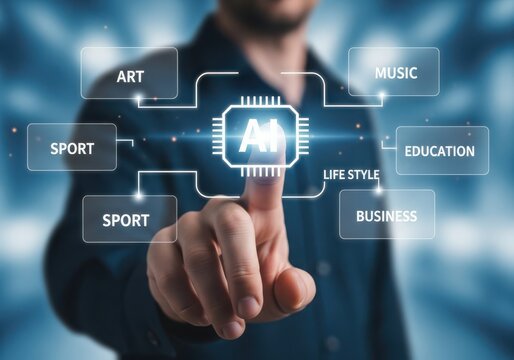 Man touching A I chip interface connecting to lifestyle categories artificial intelligence