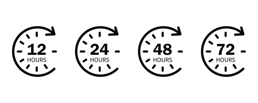 12, 24, 48 and 72 hours clock icon vector on white background.  time, deadline, schedule, timer, countdown, urgency, delivery, service, support, availability, response, symbol.