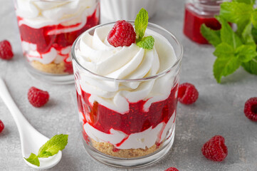 Raspberry trifle with whipped cream, berry sauce, cookie crumbs and mint leaves in a glass on a gray concrete background. Summer diet dessert.