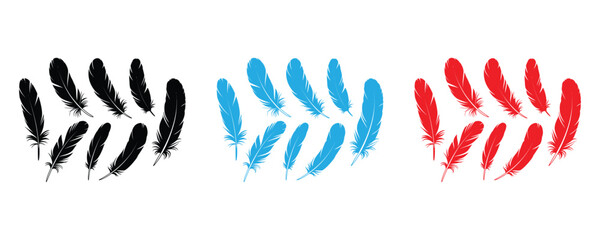Feather icon set vector on white background. bird, wing, color, black, blue, red, art, design, graphic, symbol, element, sign, abstract, symbol.