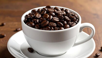 Roasted coffee beans fill a white cup