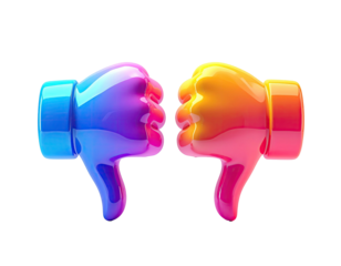 Two vibrant, 3D thumbs-down emojis, one blue-purple and the other orange-pink, clashing in opposing directions against a black background