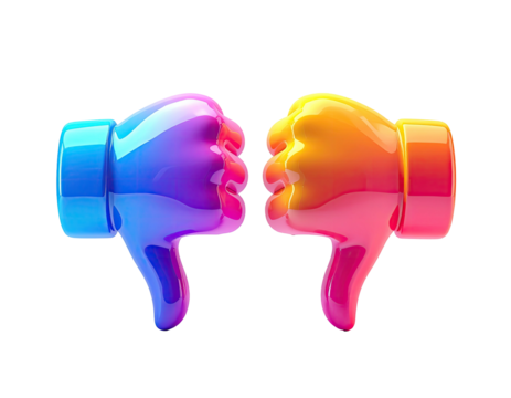 Two vibrant, 3D thumbs-down emojis, one blue-purple and the other orange-pink, clashing in opposing directions against a black background