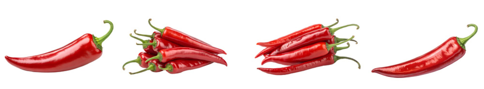 Collection of fresh red chili peppers arranged in various groupings demonstrating the spicy capsicum fruit png isolated on transparent background