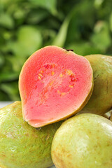 Fresh Red Guava Fruit Cut in Half Showing Pink Flesh and Seeds with Tropical Garden Background
