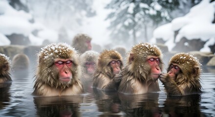 Fototapeta premium Snow monkeys relaxing in hot spring
