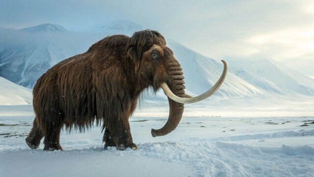 Woolly Mammoth with Curved Tusks Standing on Snowy Tundra in Prehistoric Environment