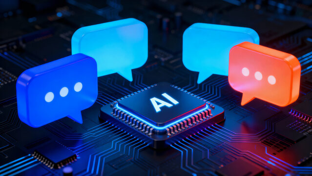 Ai chat search technology ai prompts concept with glowing speech bubbles on digital circuit board