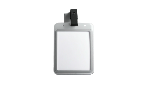 Gray plastic ID badge holder with blank white ID card