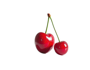 Two glossy, vibrant red cherries with water droplets,  stem attached, isolated on a black background
