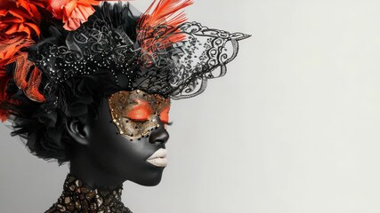 Afro-futuristic fashion model with ornate red and black headdress face paint