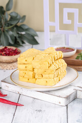 Fresh Tofu Blocks on Plate - Healthy Vegetarian Protein Food in Kitchen Studio Shot