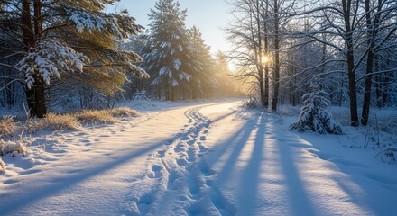 Snowy path through a winter forest at sunrise. Sunlight streams through trees, casting long shadows on the pristine snow. Footprints are visible in the path