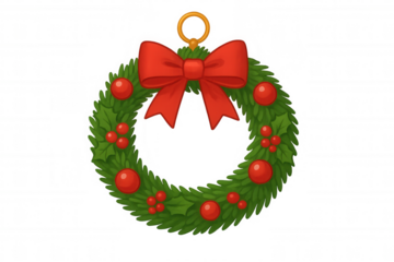 Christmas wreath with red bow and holly berries, hanging decoration for festive holiday season on transparent background