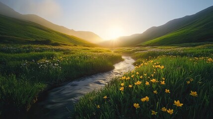 Radiant Sunrise Over a Winding Mountain Stream in a Lush Valley with Golden Wildflowers