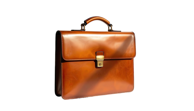 Tan leather briefcase,  classic style,  rigid shape