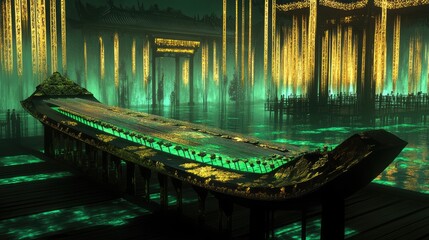 Mystical Zither on Emerald Waters: Illuminated Temple and Golden Light Pillars