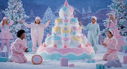 Happy group of diverse friends in pastel pajamas playing in a whimsical winter wonderland around a giant fantasy cupcake tower