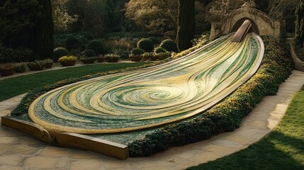 Unique Mosaic Water Feature in Lush Garden Setting, Artistic Design