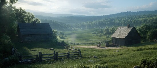 Serene Rural Landscape: Two Rustic Cabins Amidst Rolling Green Hills, Misty Morning.