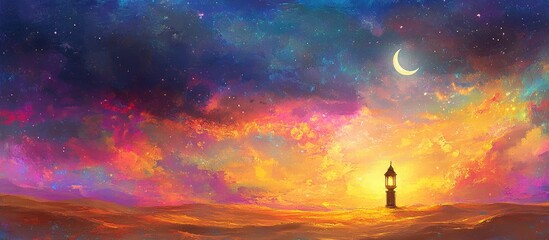 Dreamy Desertscape: Crescent Moon, Lantern, and Vibrant Cosmic Sky