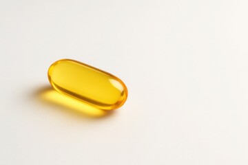 Golden vitamin capsule on clean white background with soft shadow and copy space health concept for pharmacy supplements and wellness marketing