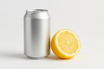 Silver aluminum can with fresh lemon half on white background with copy space minimal clean composition for beverage marketing and product design