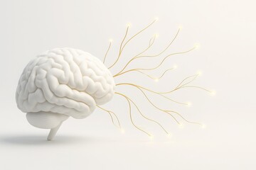White brain with golden neuron connections glowing on clean background with copy space concept of artificial intelligence innovation healthcare and technology