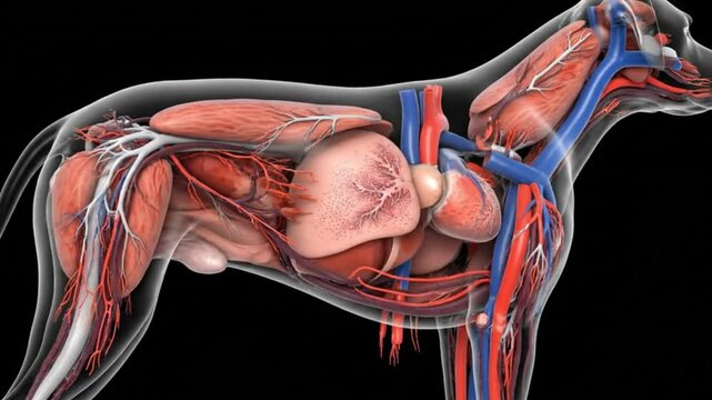 Dog Anatomy Detailed Medical Illustration Showing Heart Lungs Liver Vessels and Muscles in a Translucent Canine Body