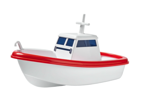 Small white toy boat with red trim.  Simple design features a cross-shaped top, two small windows, and a curved hull