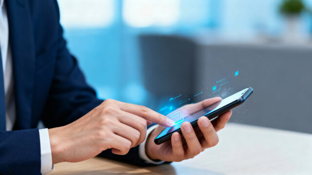 Ai chat search technology prompts on smartphone screen in modern office environment - Powered by Adobe