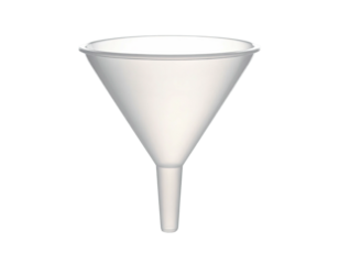 White plastic funnel, conical shape, tapered body, long stem