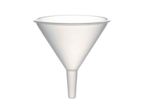 White plastic funnel, conical shape, tapered body, long stem